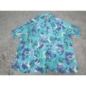 Stonebridge Shirt Womens 1X Blue Floral Print Button Down Collared Short Sleeve
